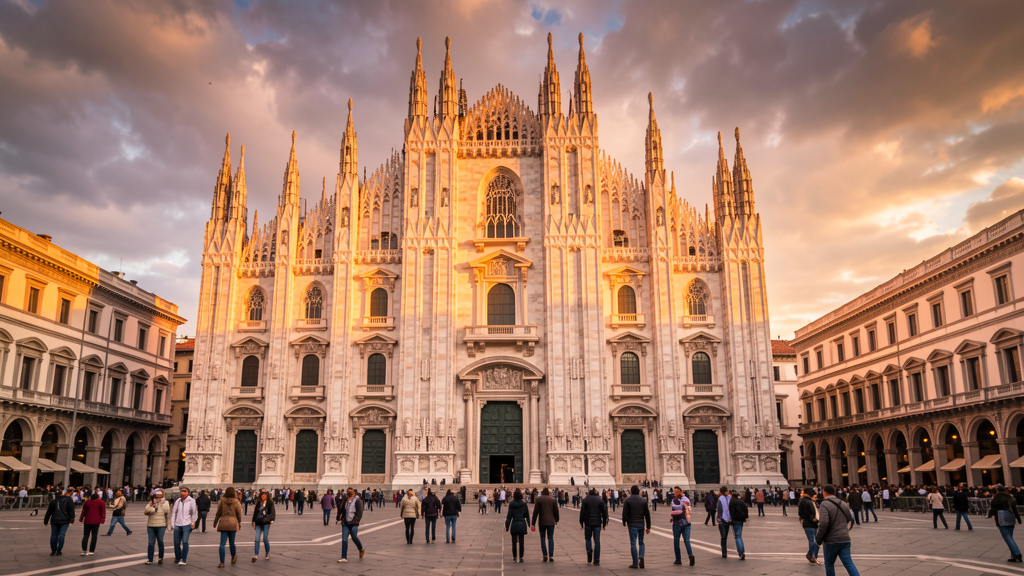 Duomo di Milano exterior facade at golden hour