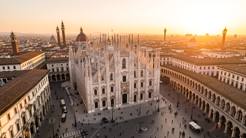 Piazza del Duomo Milano at sunset with the cathedral facade