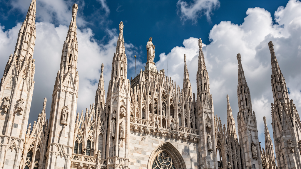 Duomo di Milano rooftops with marble spires and Madonnina